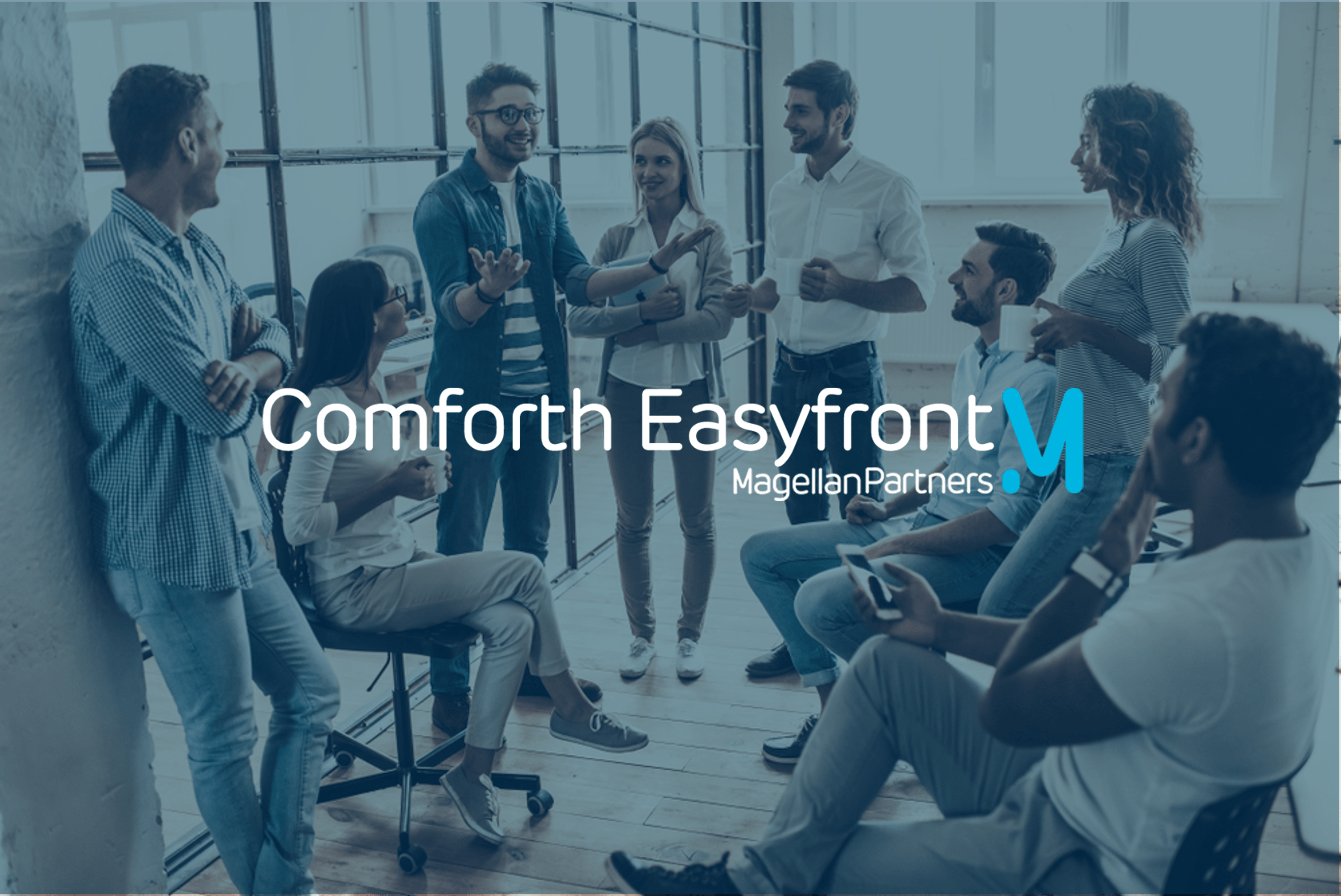 Photo de personnes en cercle avec le logo Comforth Easyfront devant