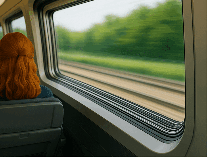 Femme de dos dans un train à grande vitesse donnant sur une fenêtre extérieure