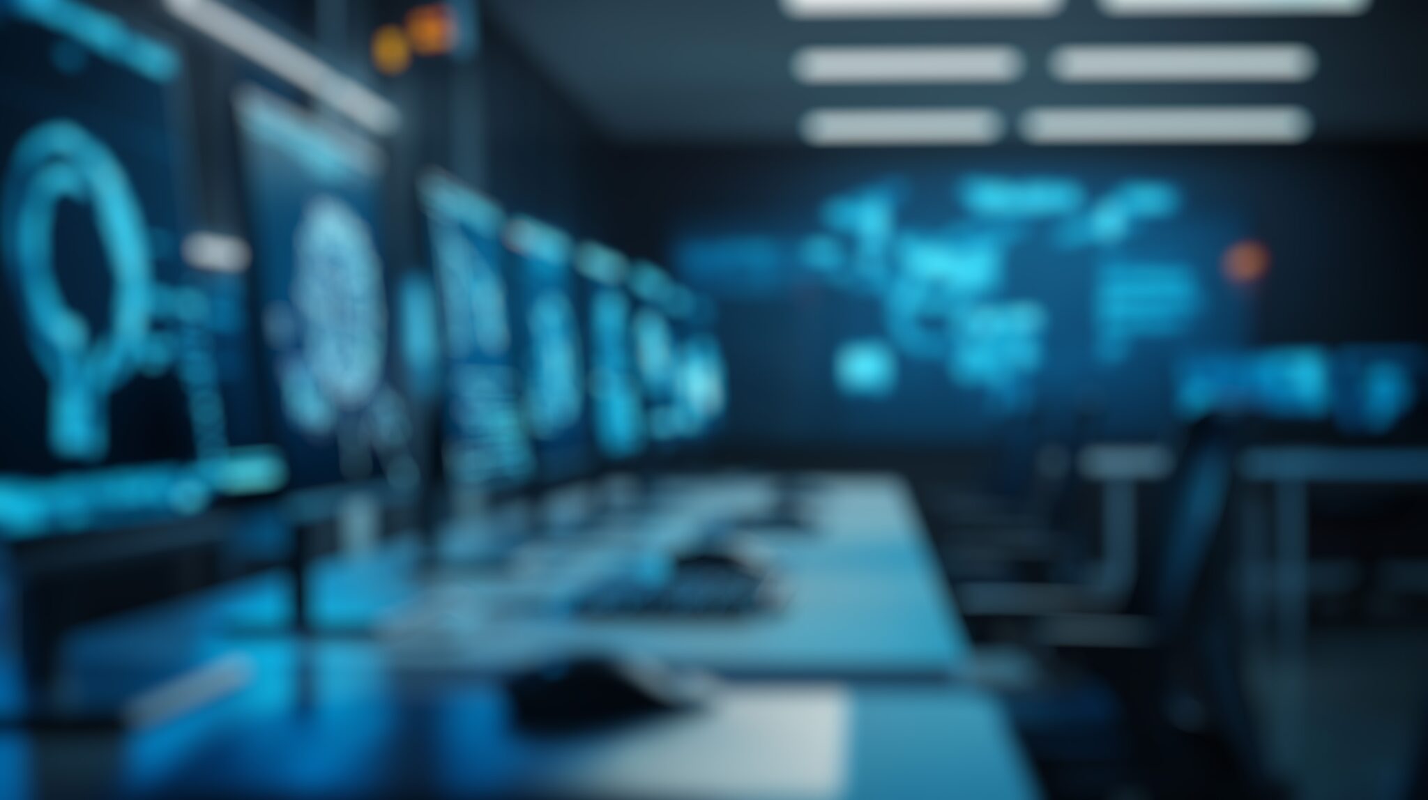 Centre de Cyberdéfense (SOC) Blurred,Background,Of,High-tech,Cyber,Security,Command,Center,Featuring,Multiple